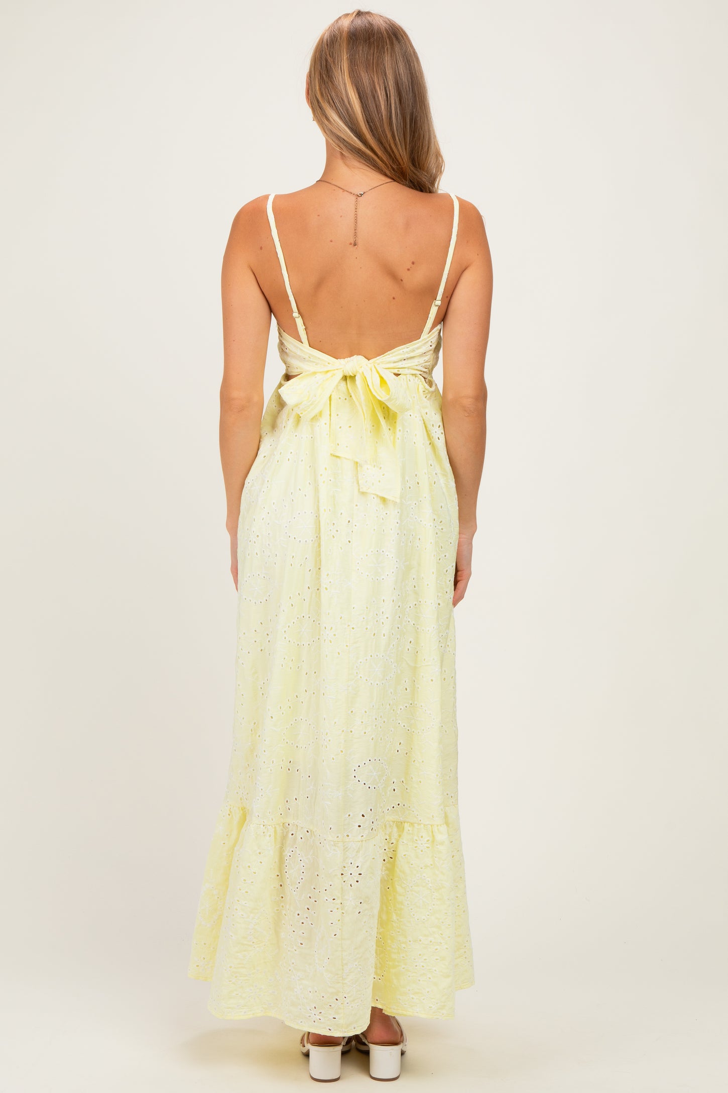 Yellow Eyelet Lace Sleeveless Ruffle Hem Maxi Dress