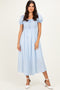 Blue Square Neck Puff Sleeve Midi Dress