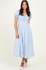 Blue Square Neck Puff Sleeve Midi Dress