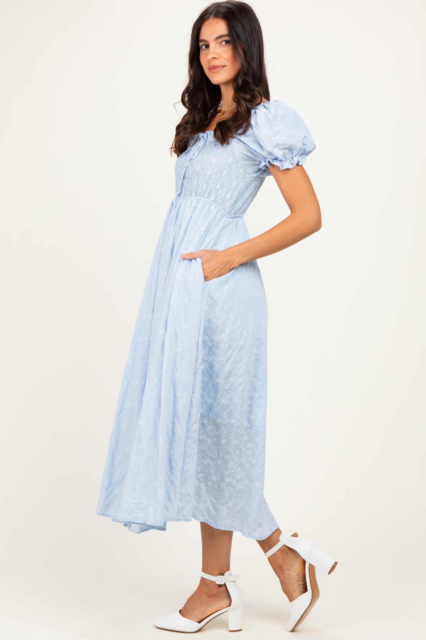 Blue Square Neck Puff Sleeve Midi Dress