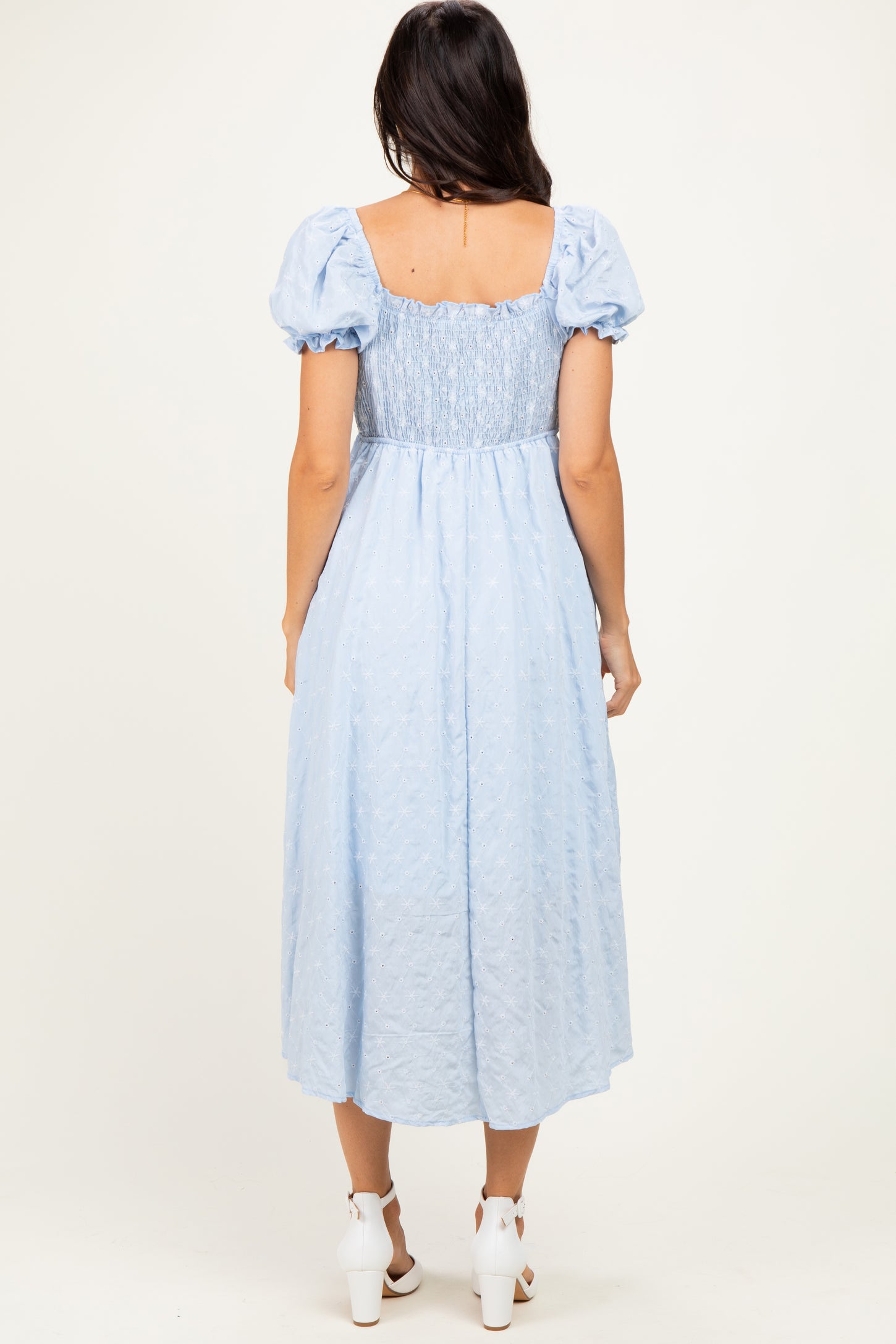 Blue Square Neck Puff Sleeve Midi Dress
