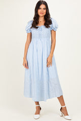 Blue Square Neck Puff Sleeve Maternity Midi Dress