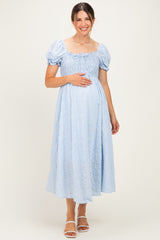 Blue Square Neck Puff Sleeve Maternity Midi Dress