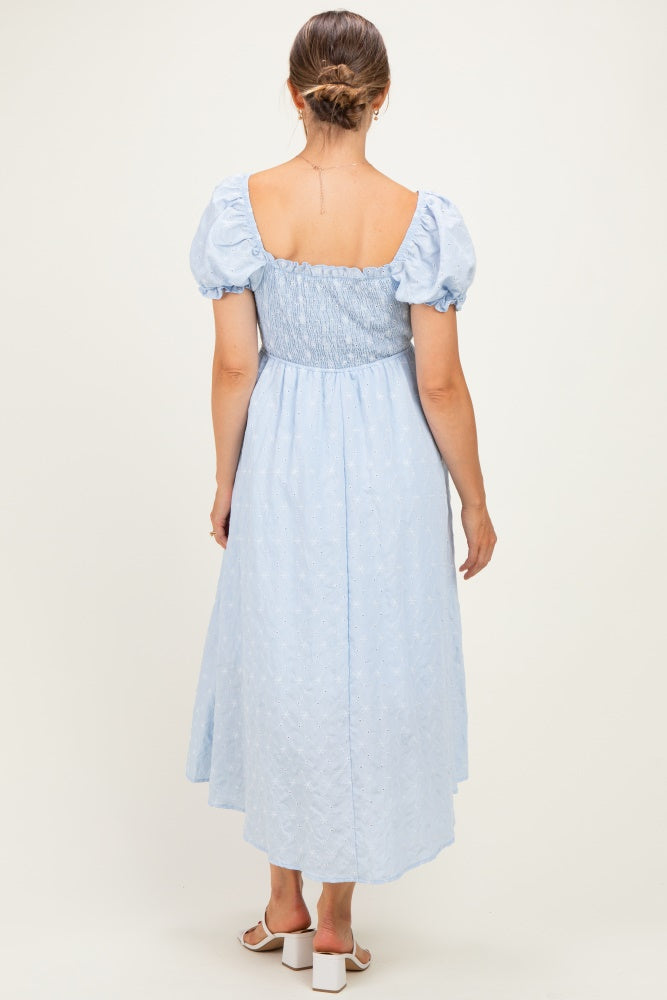 Blue Square Neck Puff Sleeve Maternity Midi Dress