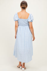 Blue Square Neck Puff Sleeve Maternity Midi Dress