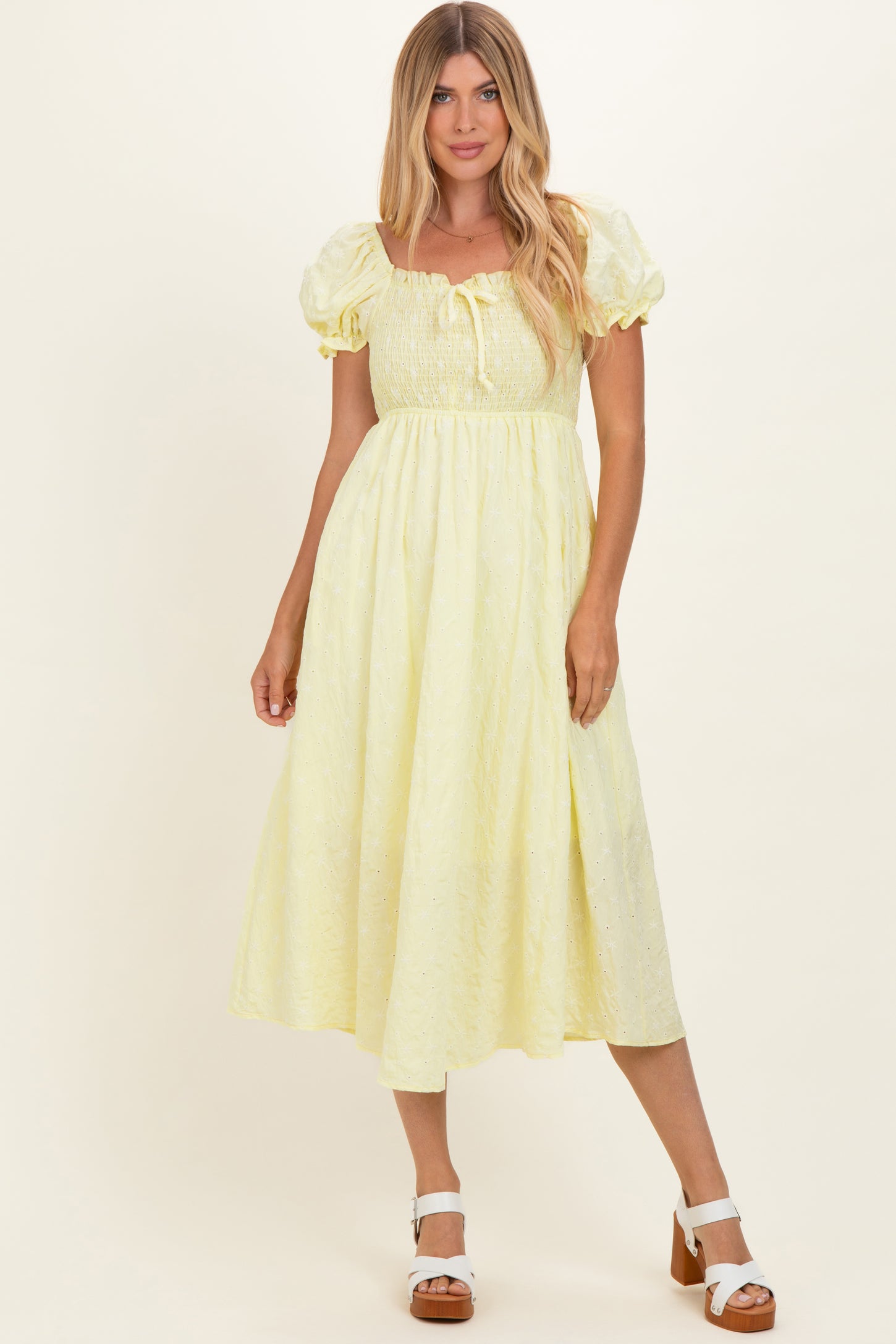 Yellow Square Neck Puff Sleeve Maternity Midi Dress