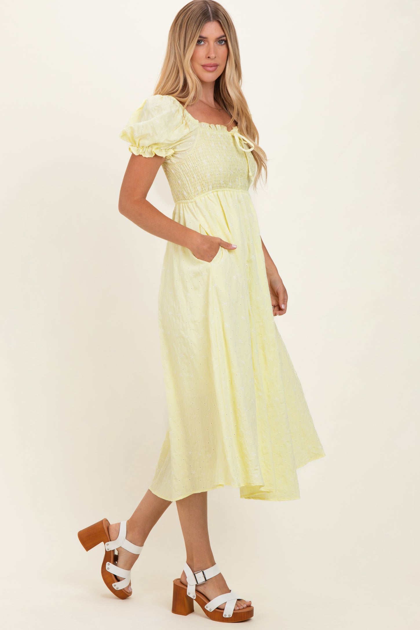 Yellow Square Neck Puff Sleeve Midi Dress