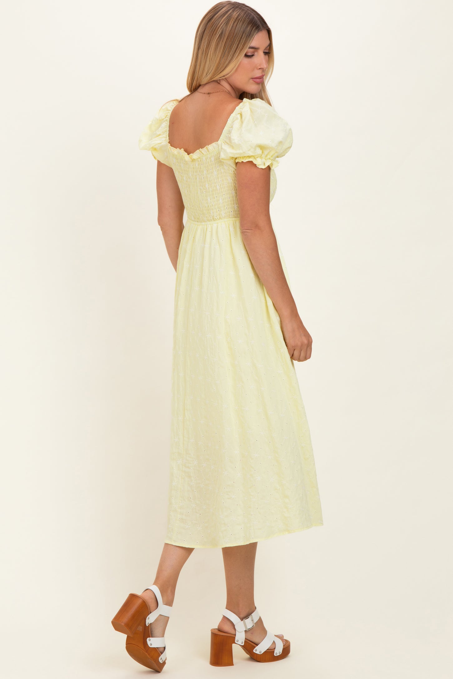 Yellow Square Neck Puff Sleeve Midi Dress