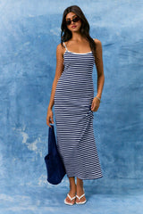 Navy Striped Sleeveless Maternity Midi Dress