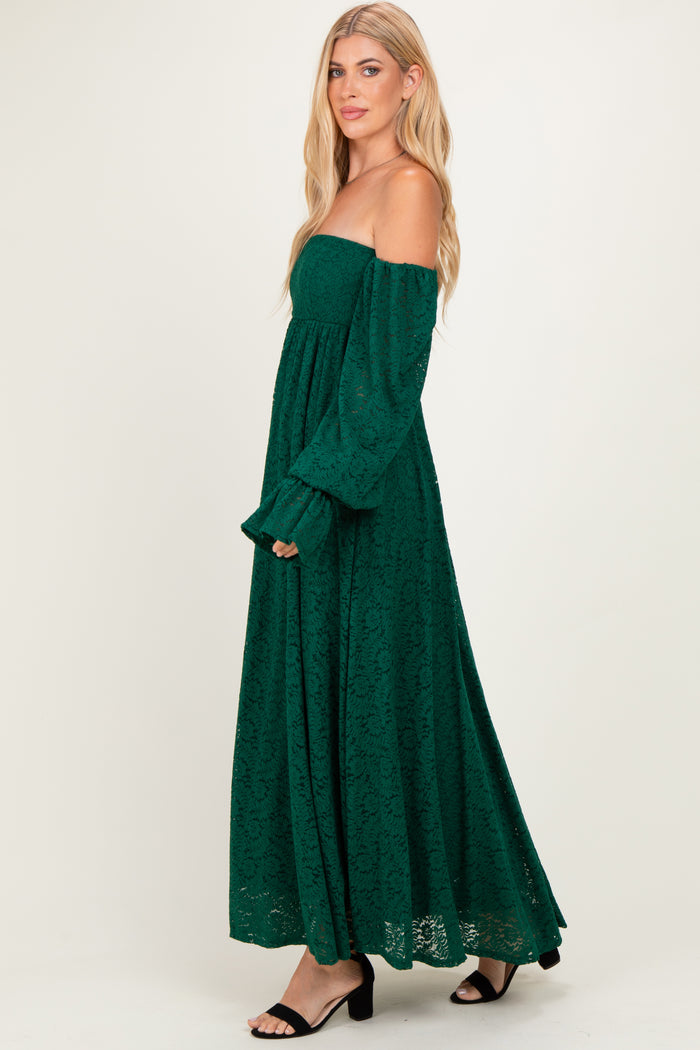 Hunter Green Lace Floral Long Sleeve Maternity Photoshoot Gown/Dress
