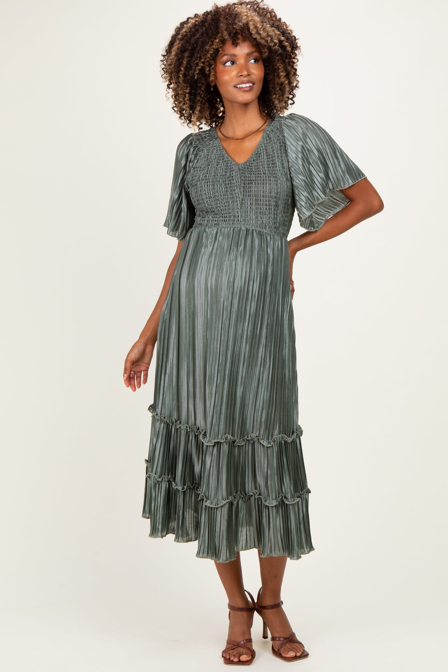 Olive Pleated Satin Smocked Maternity Midi Dress