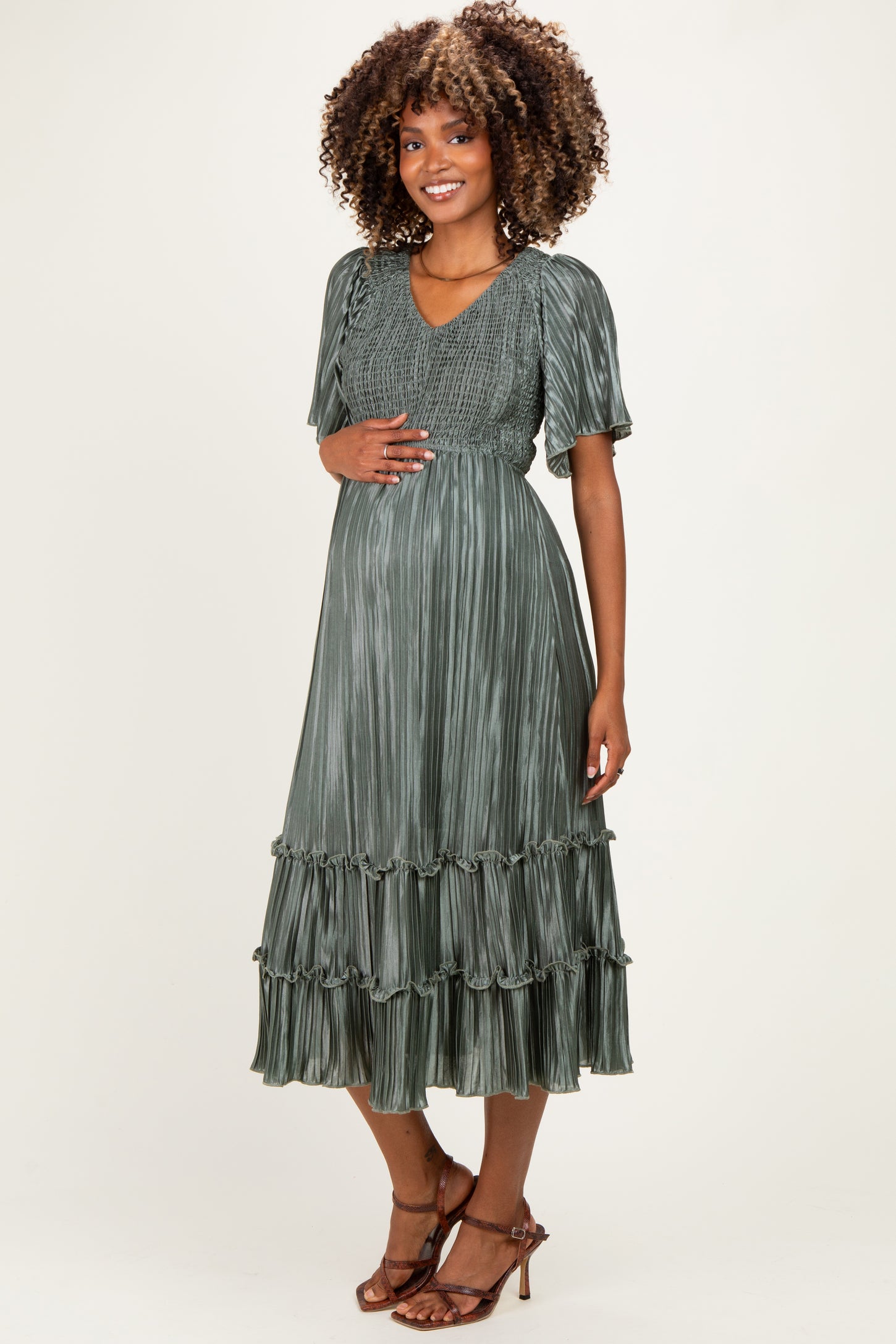 Olive Pleated Satin Smocked Maternity Midi Dress
