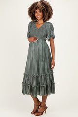 Olive Pleated Satin Smocked Maternity Midi Dress
