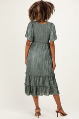 Olive Pleated Satin Smocked Maternity Midi Dress