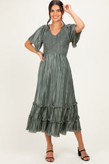 Olive Pleated Satin Smocked Midi Dress