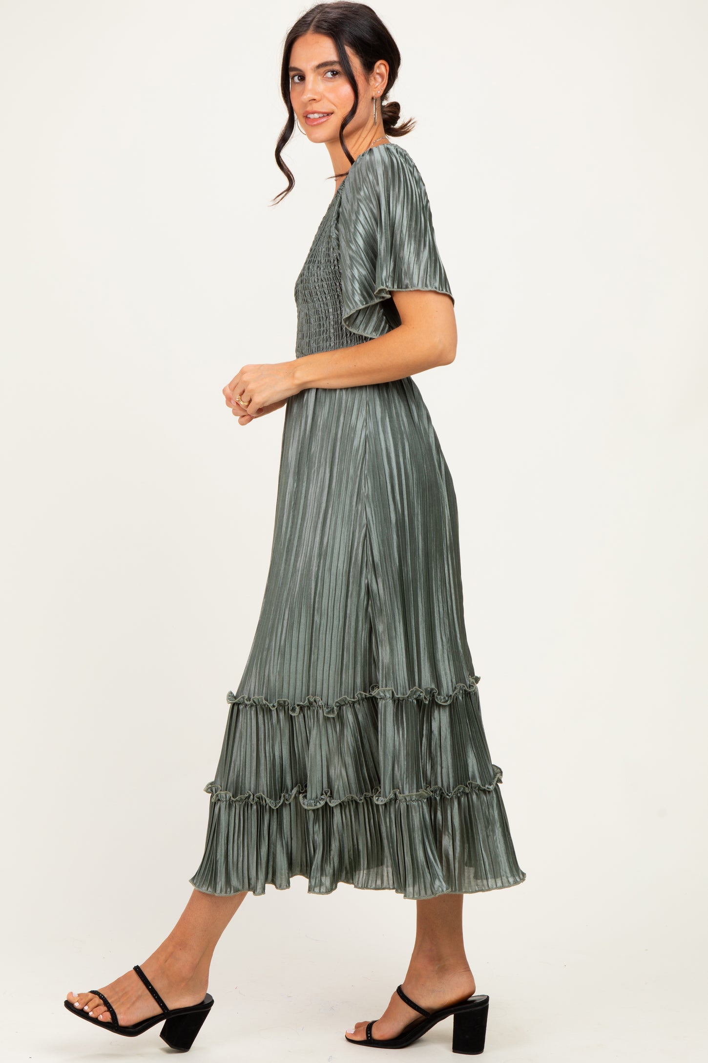Olive Pleated Satin Smocked Midi Dress
