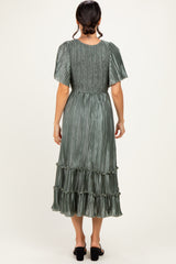 Olive Pleated Satin Smocked Midi Dress