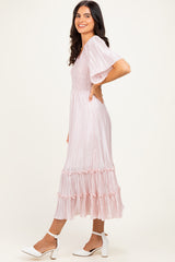 Pink Pleated Satin Smocked Midi Dress