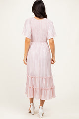Pink Pleated Satin Smocked Midi Dress