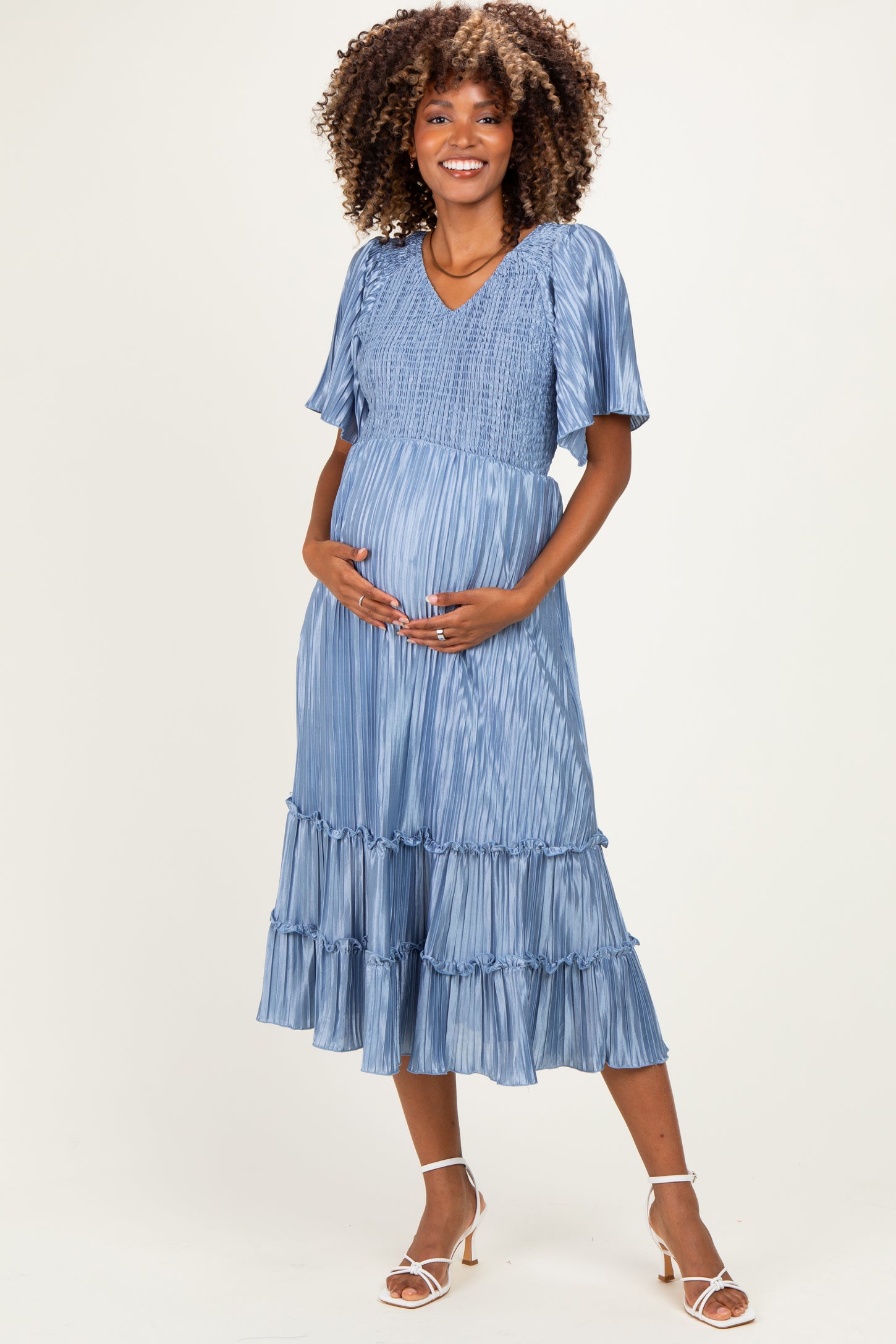 Blue Pleated Satin Smocked Maternity Midi Dress