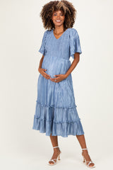 Blue Pleated Satin Smocked Maternity Midi Dress
