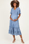 Blue Pleated Satin Smocked Maternity Midi Dress