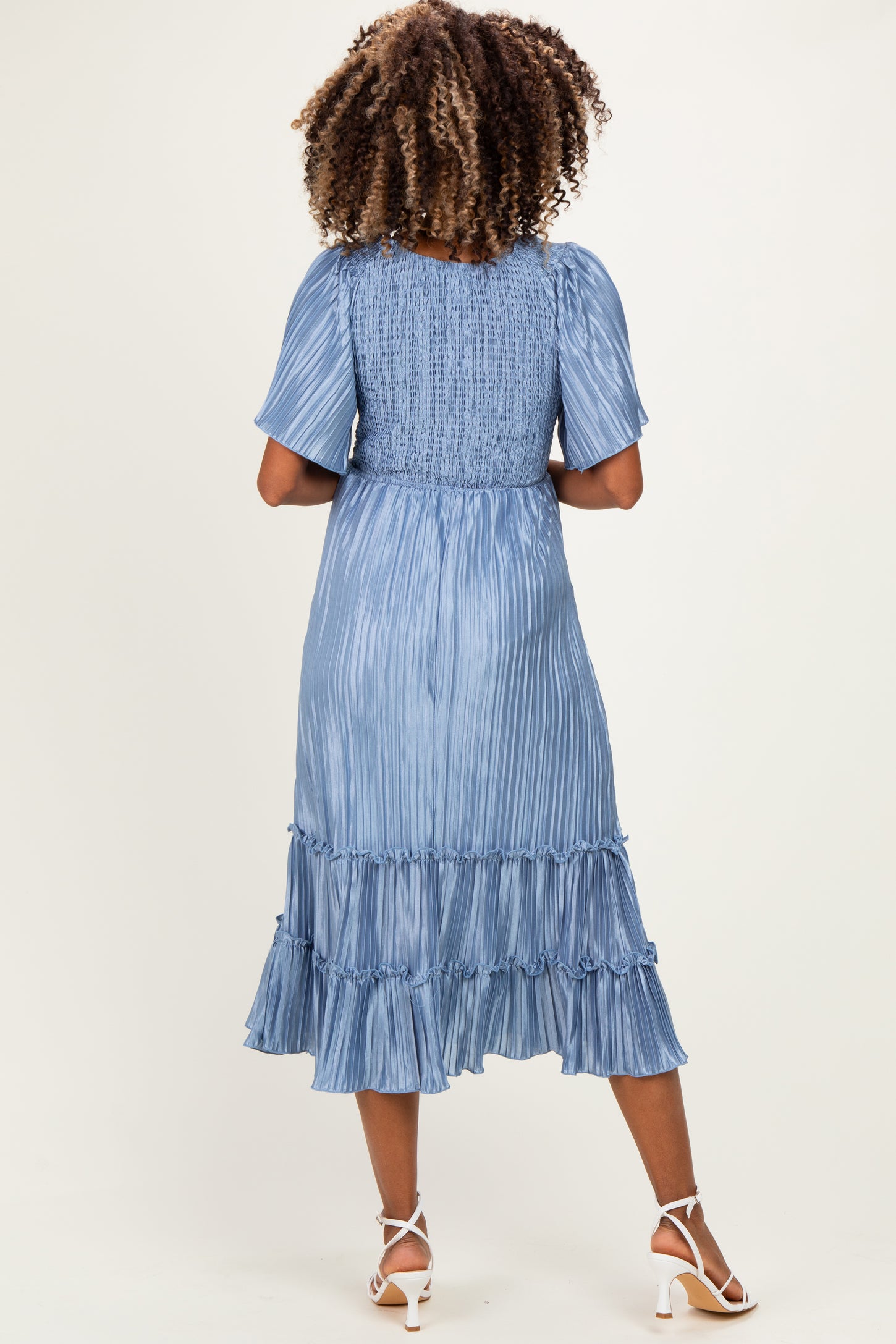 Blue Pleated Satin Smocked Maternity Midi Dress