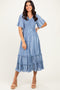 Blue Pleated Satin Smocked Midi Dress