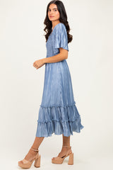Blue Pleated Satin Smocked Midi Dress
