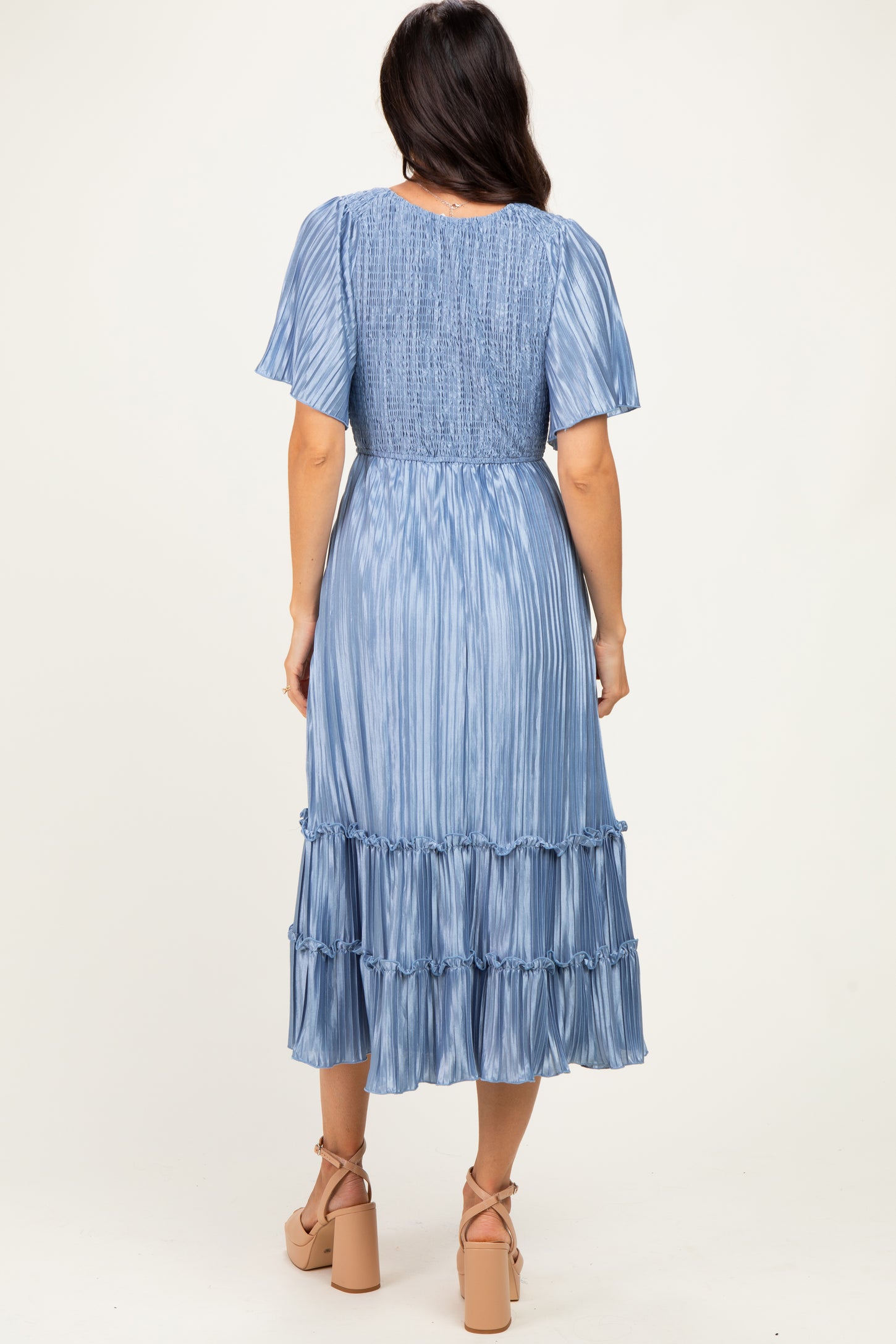 Blue Pleated Satin Smocked Midi Dress