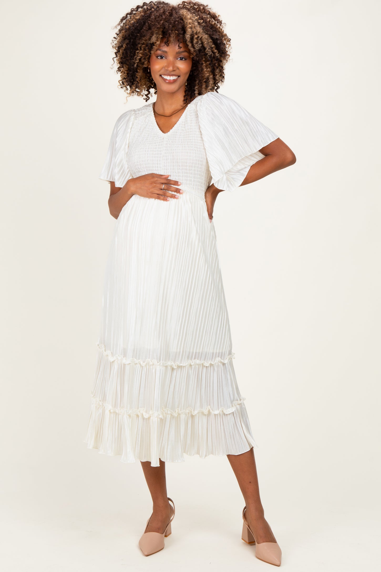 Cream Pleated Satin Smocked Maternity Midi Dress