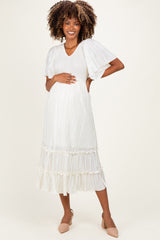 Cream Pleated Satin Smocked Maternity Midi Dress