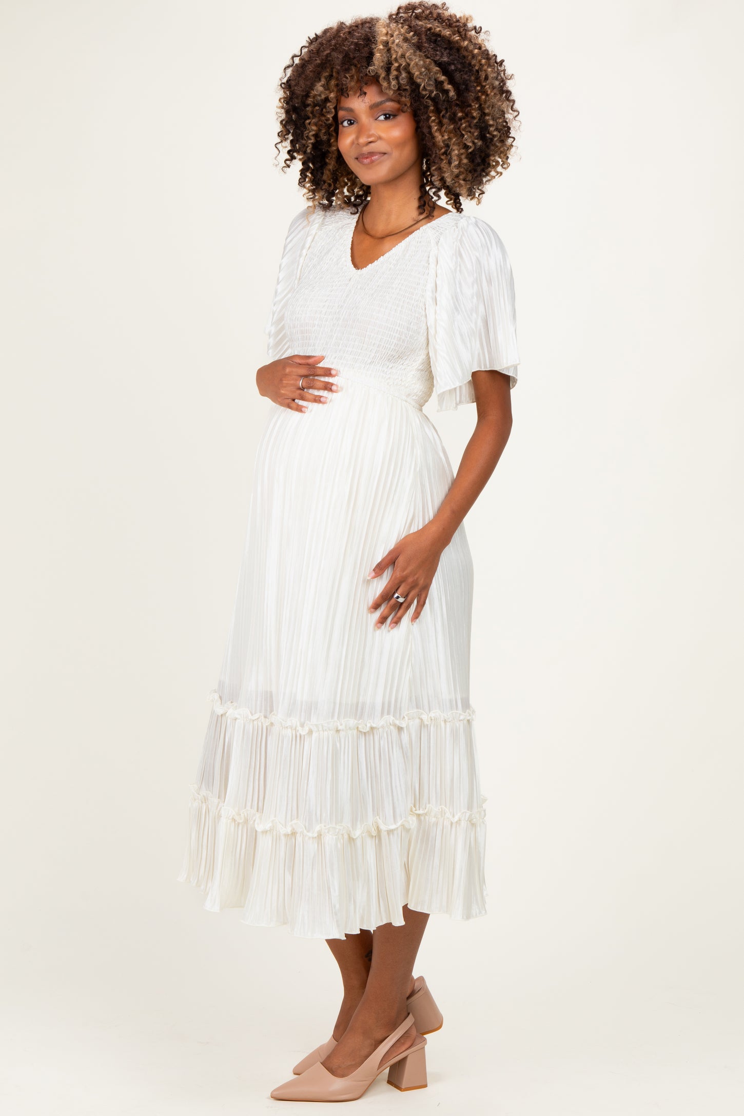 Cream Pleated Satin Smocked Maternity Midi Dress