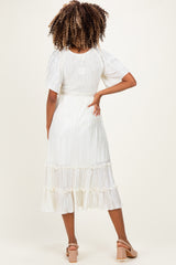 Cream Pleated Satin Smocked Maternity Midi Dress