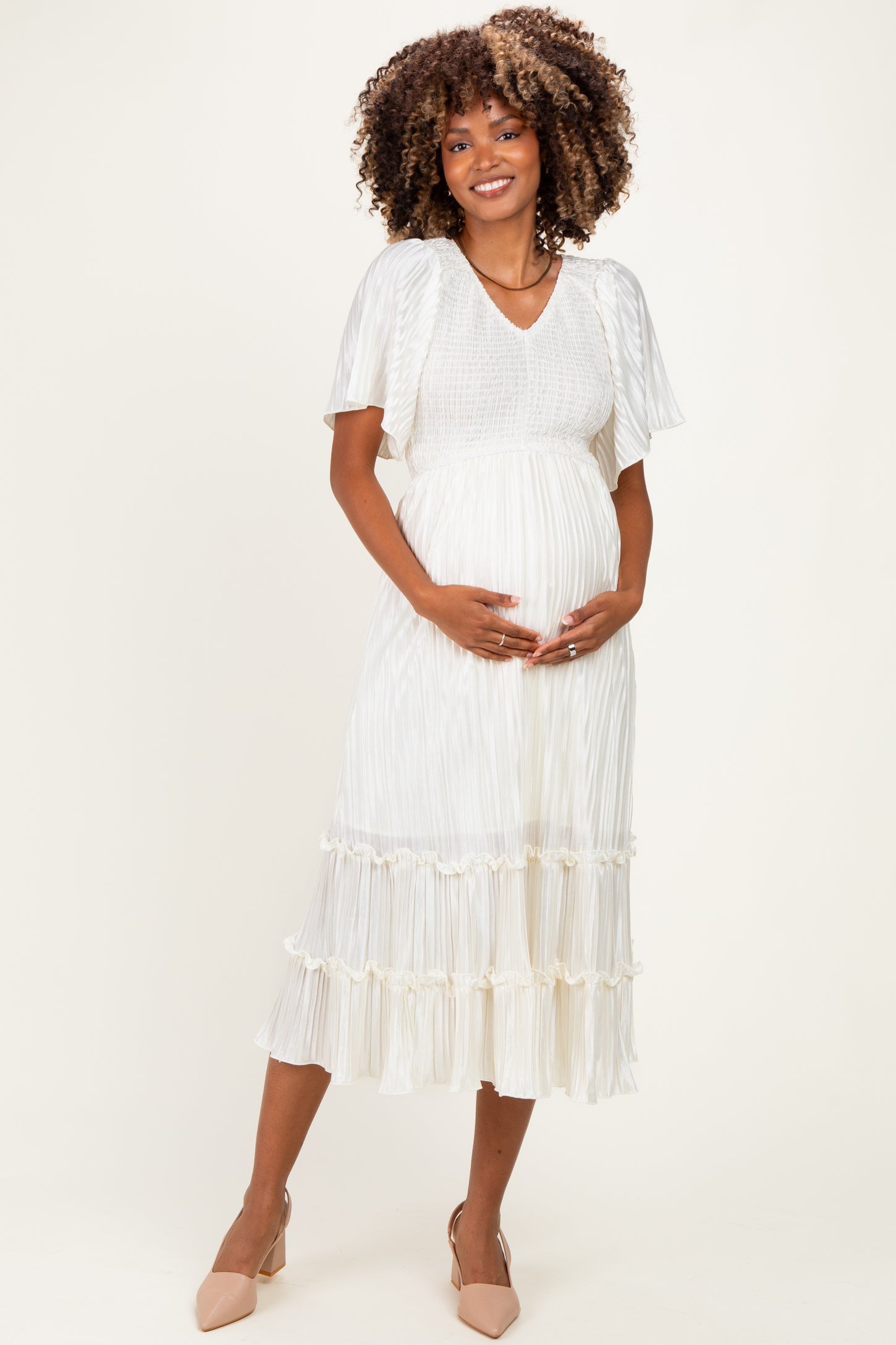 Cream Pleated Satin Smocked Maternity Midi Dress