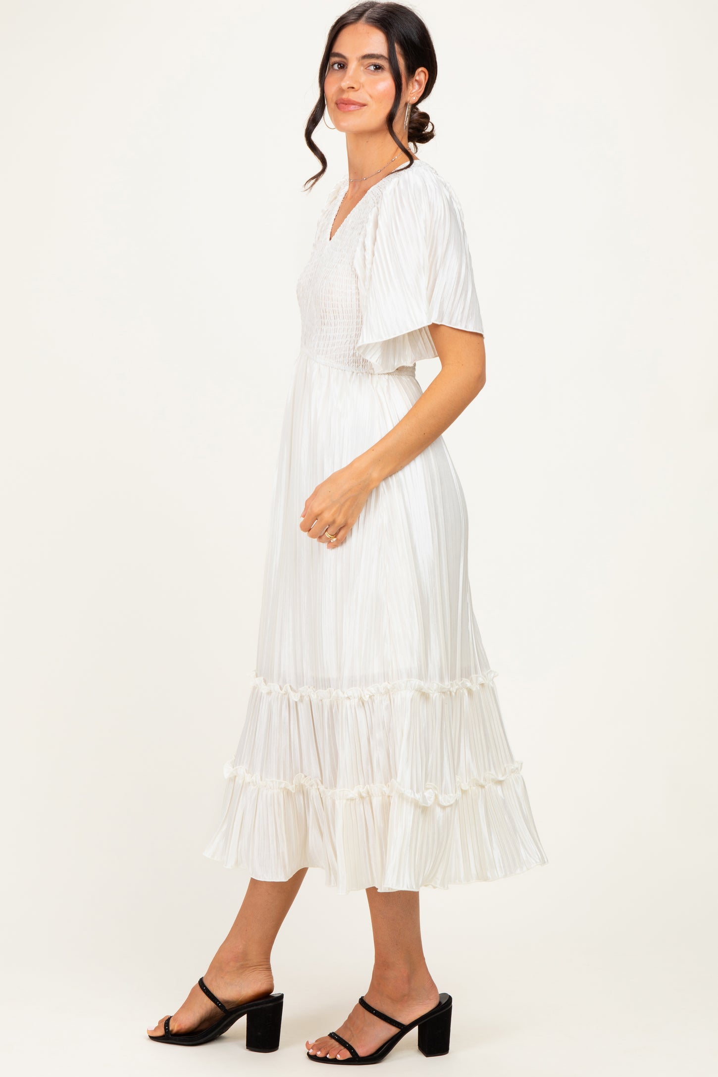 Cream Pleated Satin Smocked Midi Dress