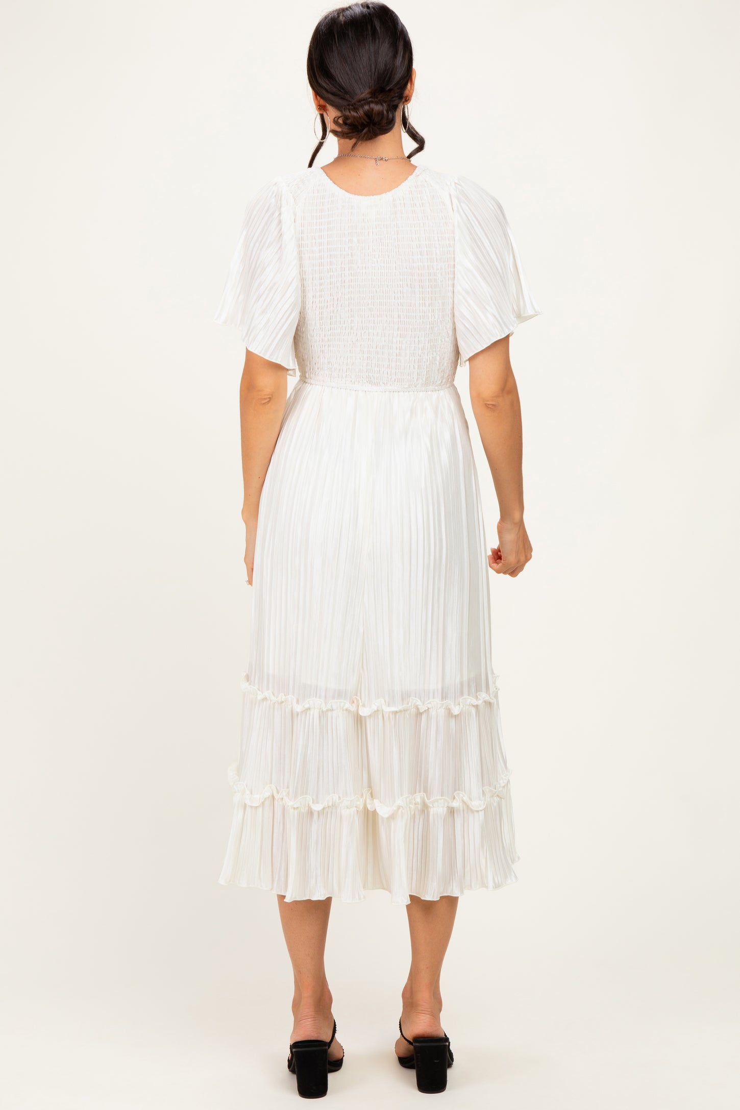 Cream Pleated Satin Smocked Midi Dress