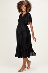 Black Pleated Satin Smocked Maternity Midi Dress
