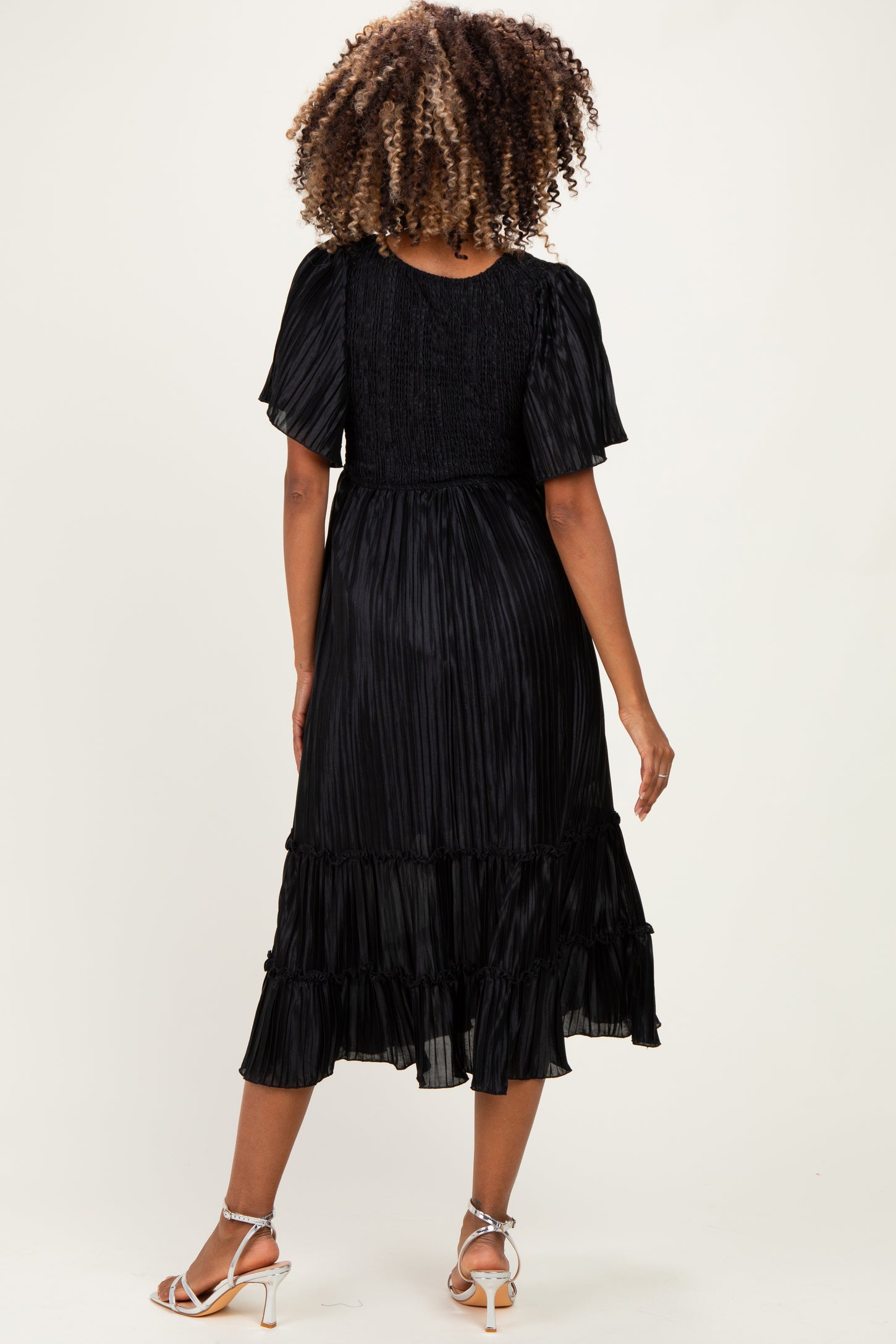 Black Pleated Satin Smocked Maternity Midi Dress