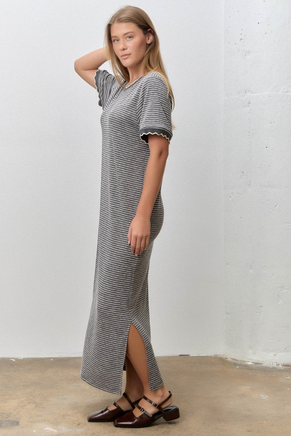Charcoal Striped Knit Scallop Accent Maxi Dress
