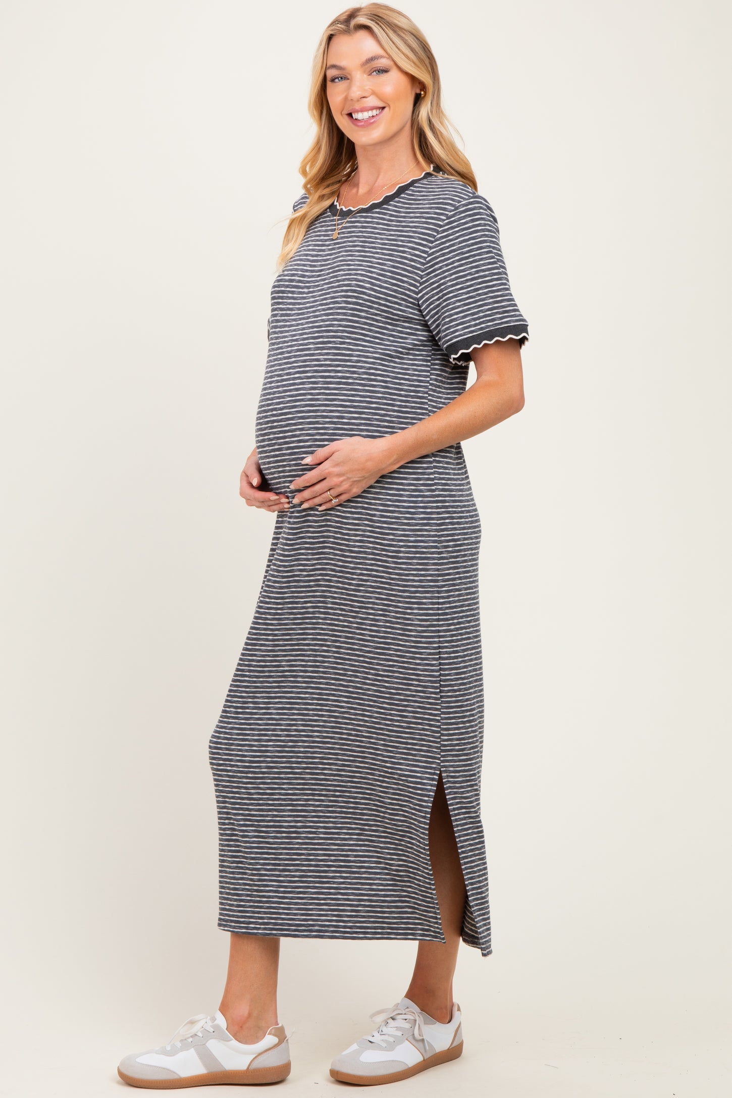 Charcoal Striped Knit Scallop Accent Maternity Maxi Dress