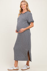 Charcoal Striped Knit Scallop Accent Maternity Maxi Dress