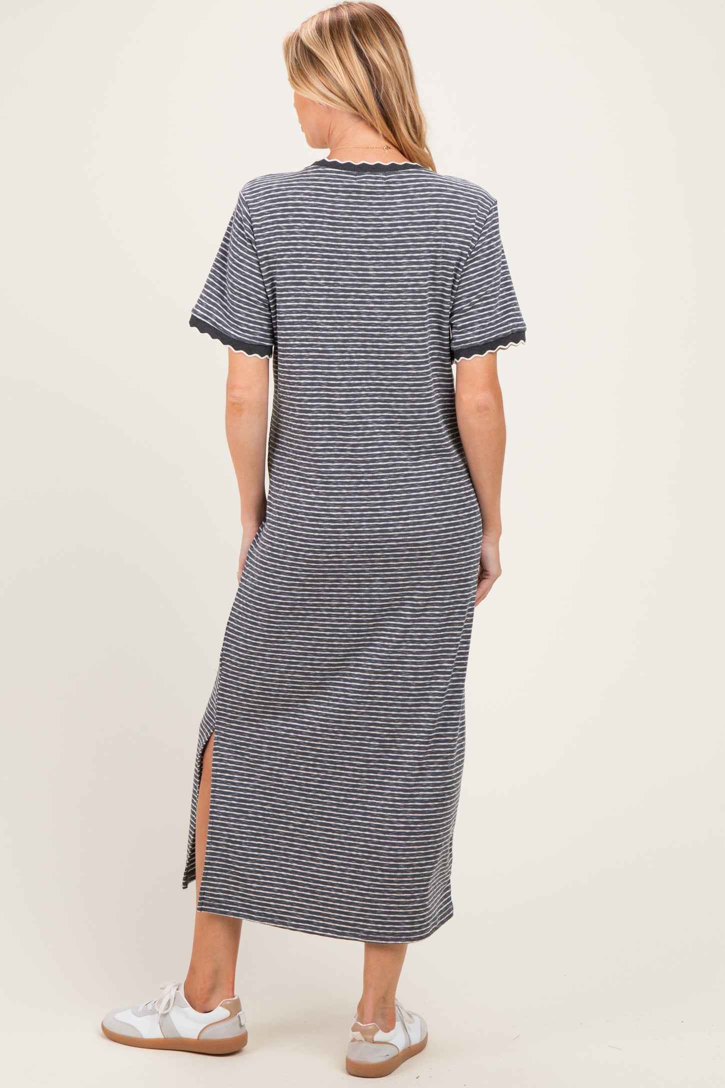 Charcoal Striped Knit Scallop Accent Maternity Maxi Dress