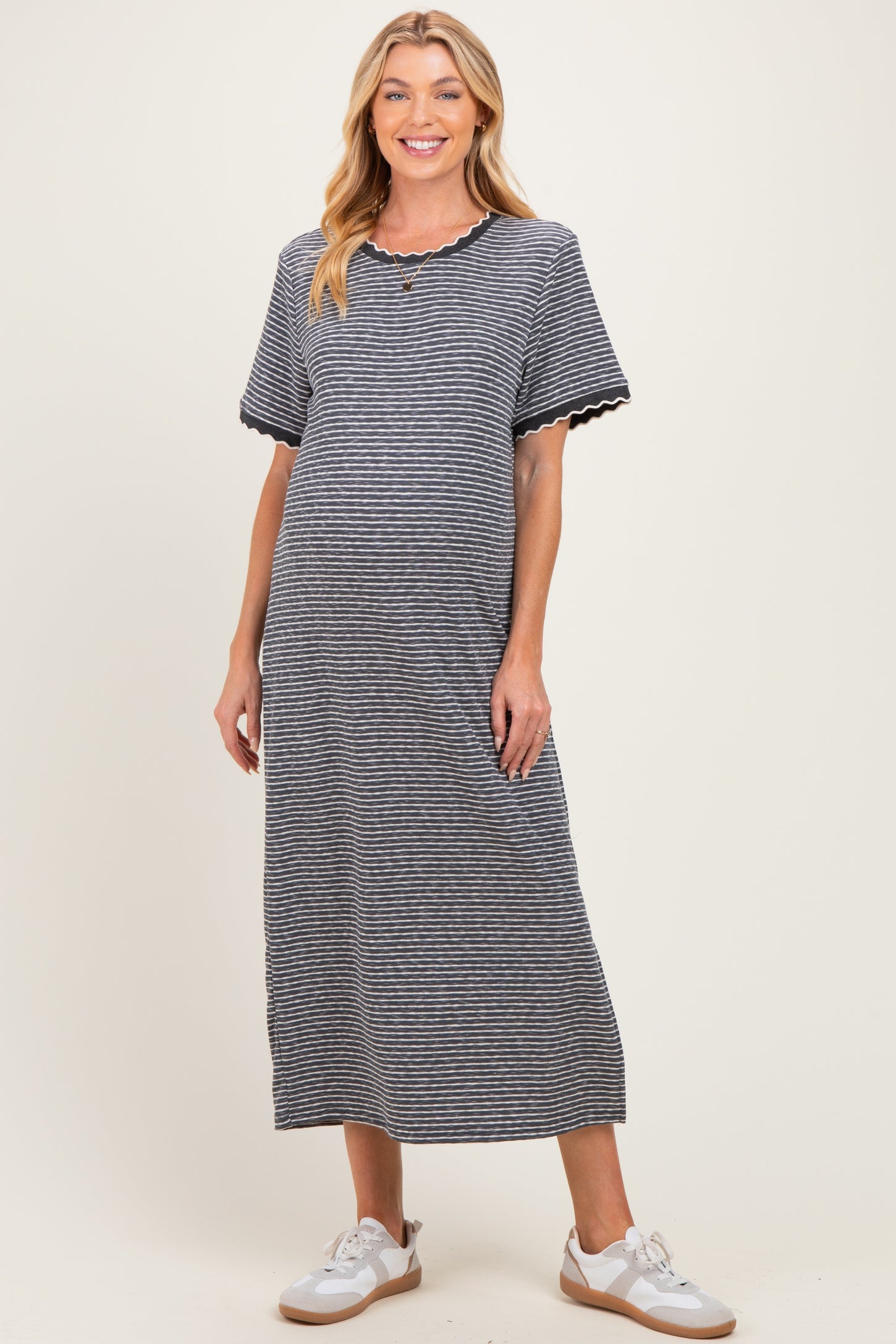 Charcoal Striped Knit Scallop Accent Maternity Maxi Dress