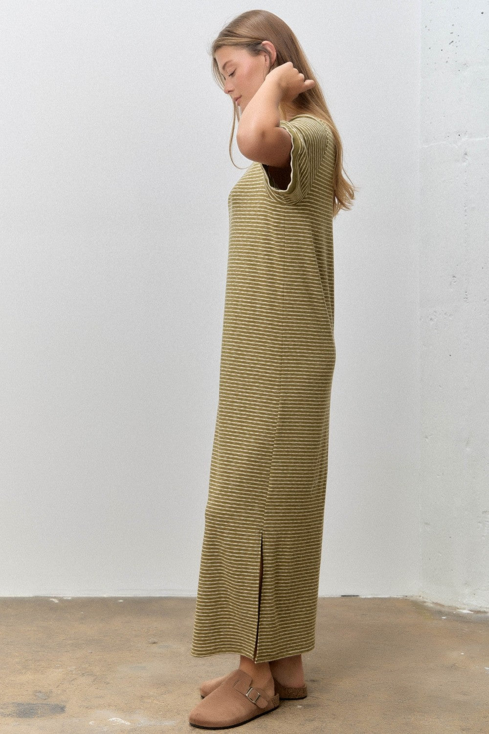 Olive Striped Knit Scallop Accent Maxi Dress