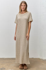 Cream Striped Knit Scallop Accent Maxi Dress