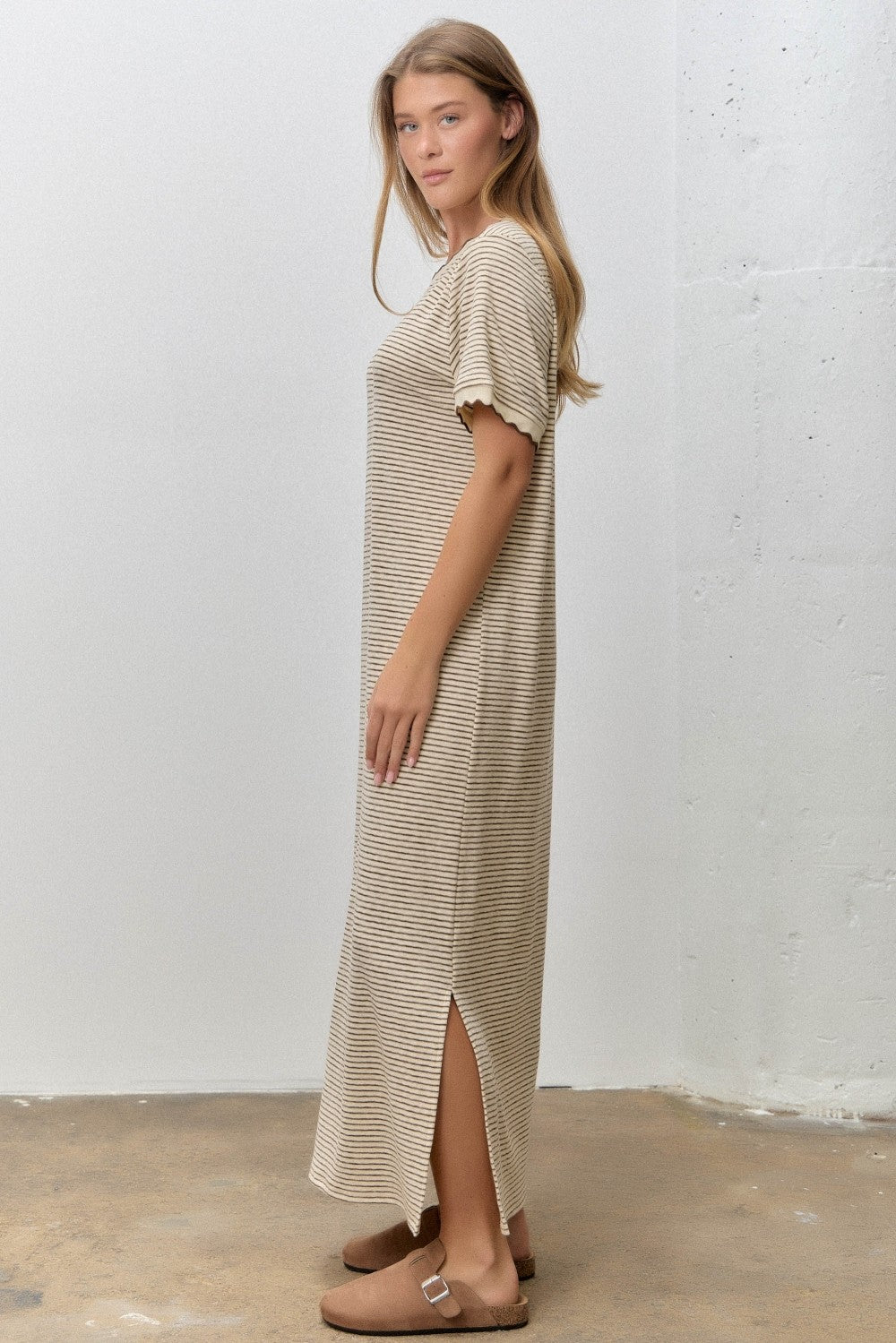 Cream Striped Knit Scallop Accent Maxi Dress