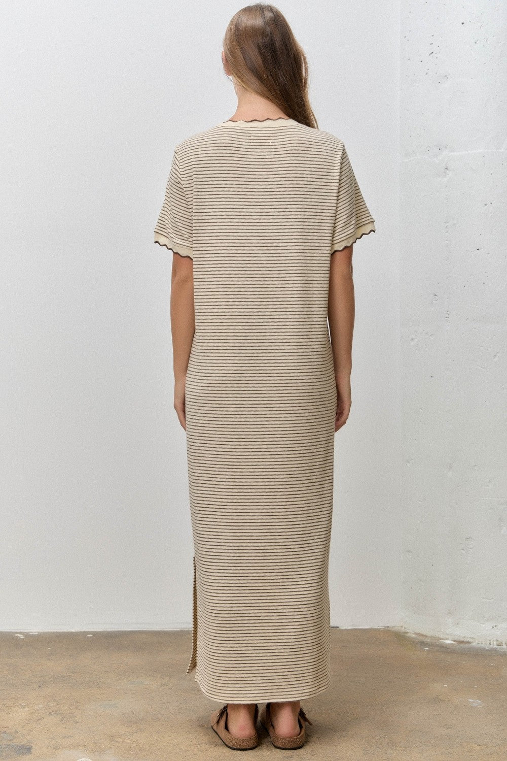 Cream Striped Knit Scallop Accent Maxi Dress