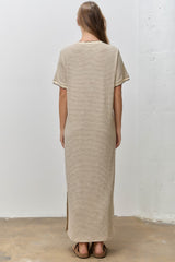 Cream Striped Knit Scallop Accent Maxi Dress