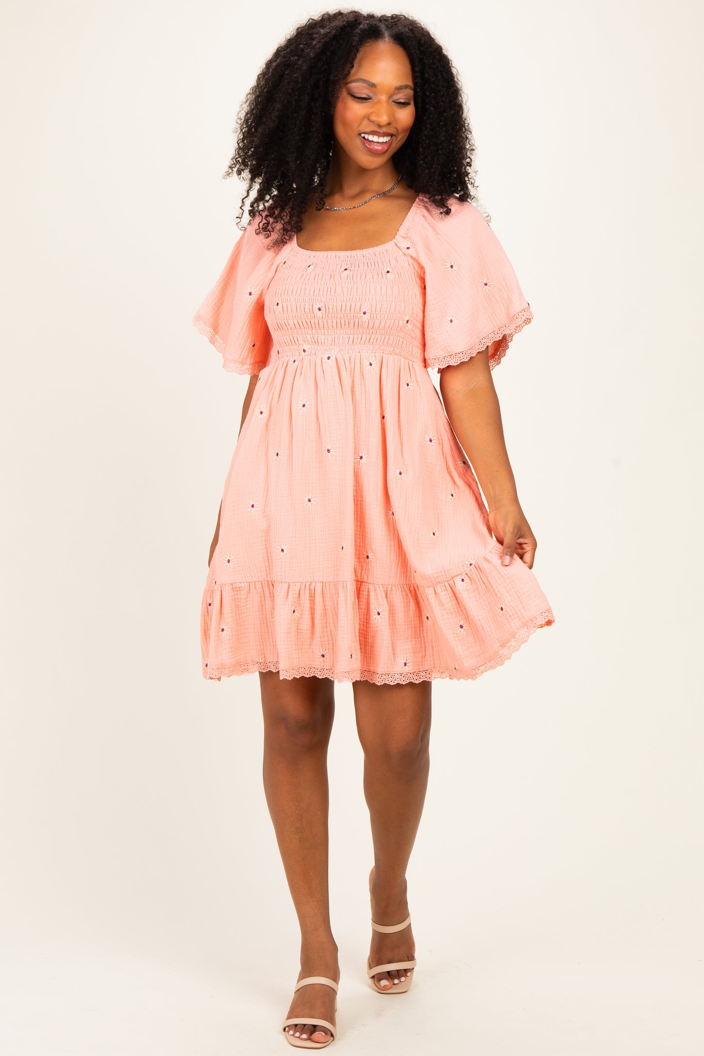 Pink Floral Embroidered Smocked Dress